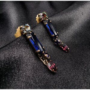 Vintage SORRELLI Signed Multi-Stone Drop Earrings With Blue Pink & Clear Crystal